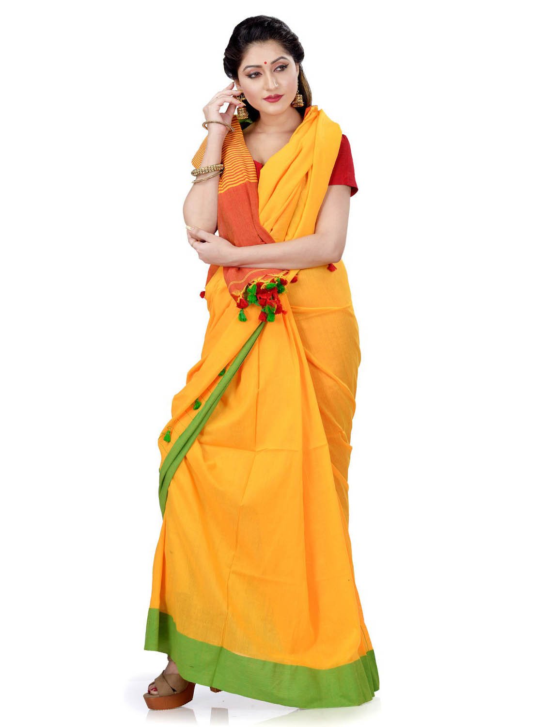 Women`s Traditional Bengali Handloom Tant Pure Cotton Saree with Pom Pom lace Designed With Blouse Piece (Green Yellow Red)